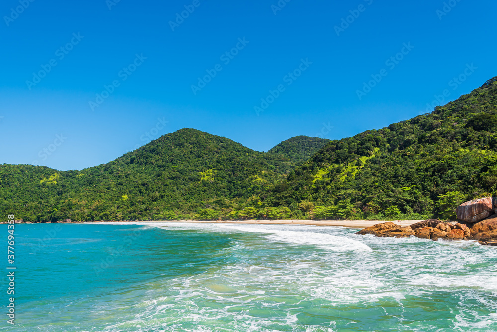 View of beautiful desert beach in bay next to tropical jungle in Brazil