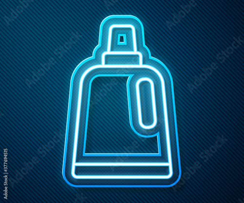 Glowing neon line Plastic bottle for laundry detergent, bleach, dishwashing liquid or another cleaning agent icon isolated on blue background. Vector.