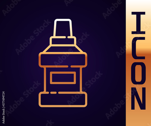 Gold line Mouthwash plastic bottle icon isolated on black background. Liquid for rinsing mouth. Oralcare equipment. Vector.
