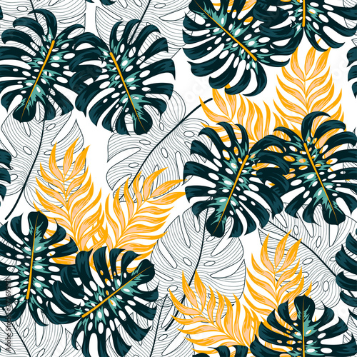 Abstract seamless tropical pattern with bright plants and leaves on a soft light background. Modern abstract design for fabric, paper, interior decor. Jungle leaf seamless vector floral pattern.