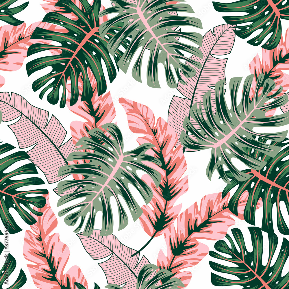 Fashionable seamless tropical pattern with bright plants and leaves on a  delicate white background. Modern abstract design for fabric, paper,  interior decor. Exotic jungle wallpaper. Stock Vector