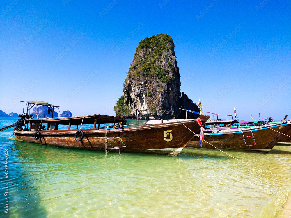 Ao Phra Nang Beach - Thai traditional wooden longtail boat onAo Phra Nang Beach , Krabi province, Andaman Sea, Thailand