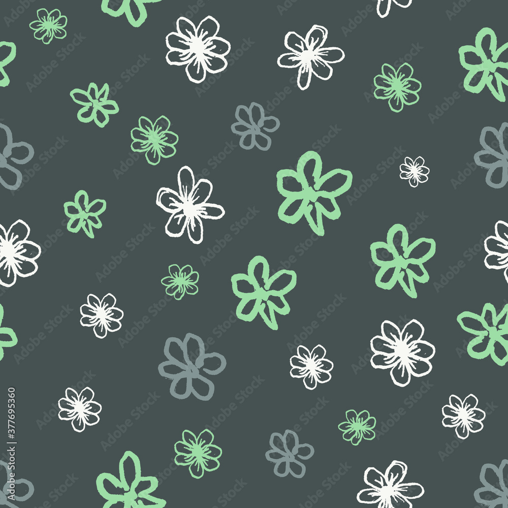 Seamless vector pattern with little funny gray flowers. Childlike drawing. Isolated on white background. Simple print design for wallpapers, textile, fabric, wrapping gift, ceramic tiles