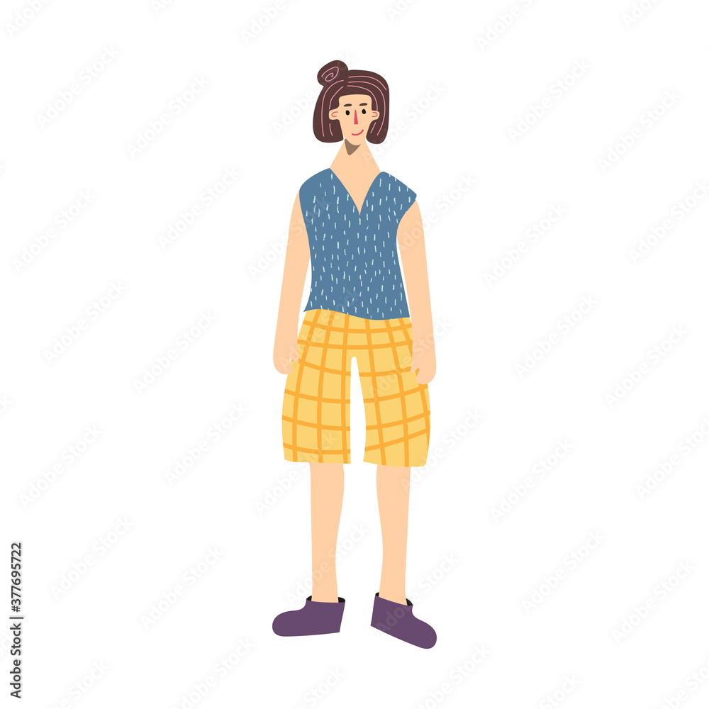 Country woman in t-shirt, shorts and rubber boots doodle drawing. Outdoor casual style girl. Hand drawn flat vector illustration in cartoon style isolated on white background