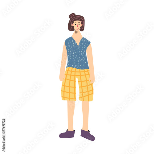 Country woman in t-shirt, shorts and rubber boots doodle drawing. Outdoor casual style girl. Hand drawn flat vector illustration in cartoon style isolated on white background