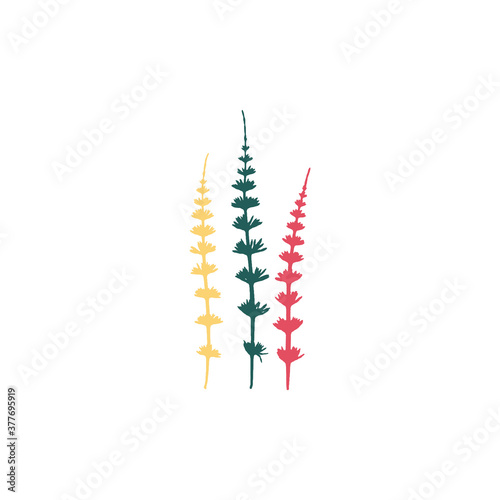 Cute plants  doodle drawing. Set of colored twigs  red  yellow and green leaf. Eco element bundle. Hand drawn flat vector illustration in cartoon style isolated on white background