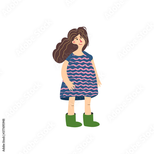 Young rustic character doodle drawing. Funny toddler girl in dress and rubber boots. Country people. Hand drawn flat vector illustration in cartoon style isolated on white background