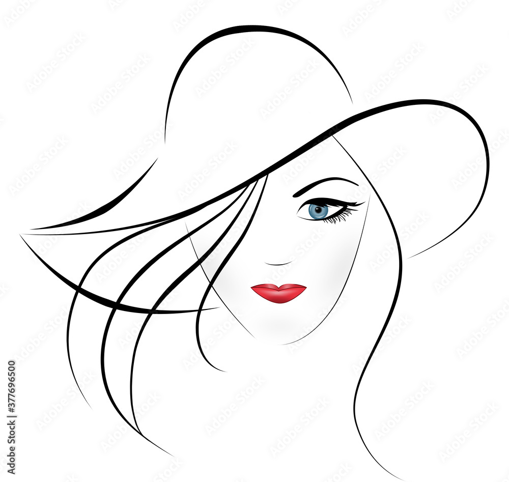 Lady in hat portrait isolated on white background contour drawing black Lady in hat portrait isolated on white background contour drawing black