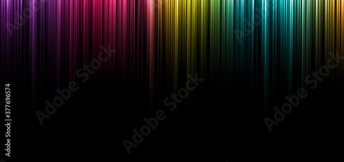Abstract colorful vibrant stripe vertical lines light on black background.