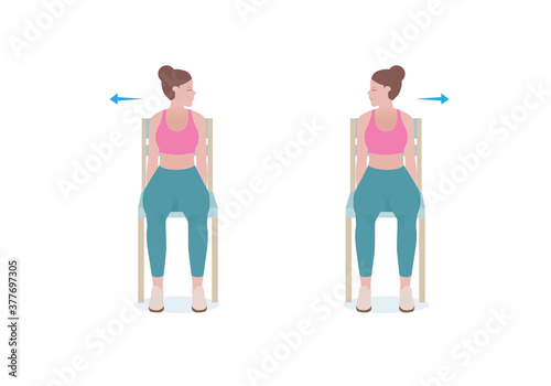 Exercises that can be done at-home using a sturdy chair.
Keeping in this position, rotate the head to either the left or right until feeling a gentle stretch.  with Neck Turns posture. Cartoon style.