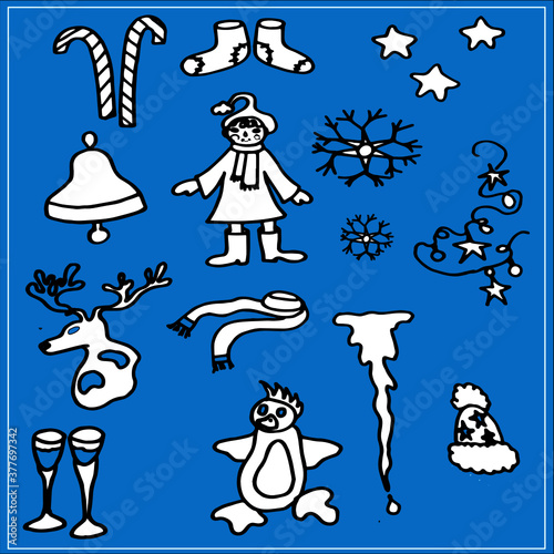 New Year's set with a snow maiden, knitted socks, sweets, bell, deer, scarf, snowflakes, Christmas decoration, penguin, glasses with champagne, knitted hat, ice floe vector illustration