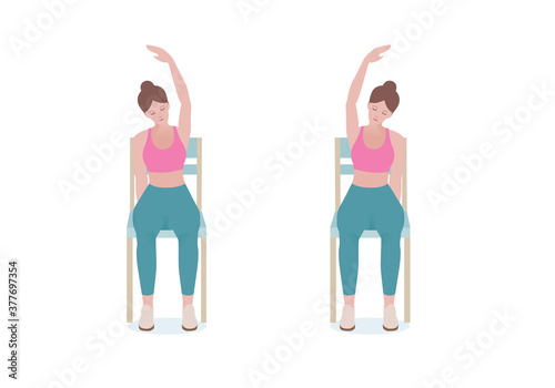 Exercises that can be done at-home using a sturdy chair.
With the right hand, grip the right side of the seat. Extend the left hand above the head making of a “C” with Seated Side Stretch posture. 