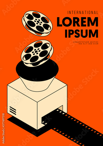 Movie and film poster design template background with vintage film reel