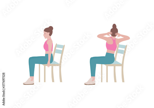 Woman doing exercises step by step. Exercises that can be done at-home using a sturdy chair with Wrists and Arms posture. Isolated vector illustration in cartoon style.
