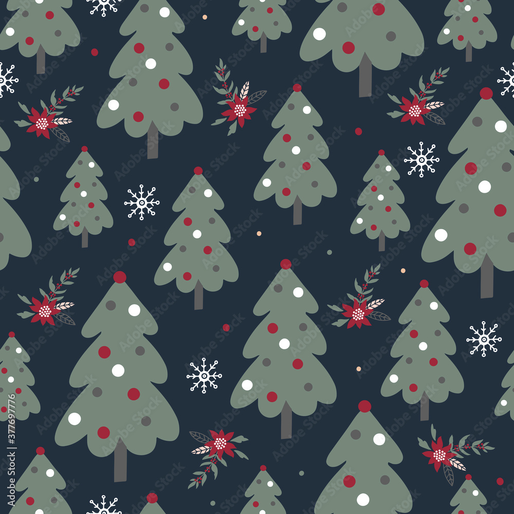 christmas pattern with green trees and snowflakes on dark background