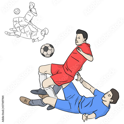 soccer football players tackling for the ball vector illustration sketch doodle hand drawn with black lines isolated on white background
