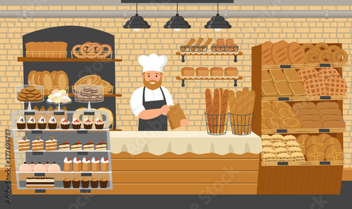 Bakery shop. Showcases with bread, buns and cakes. Baker. Cartoon style. Vector illustration.