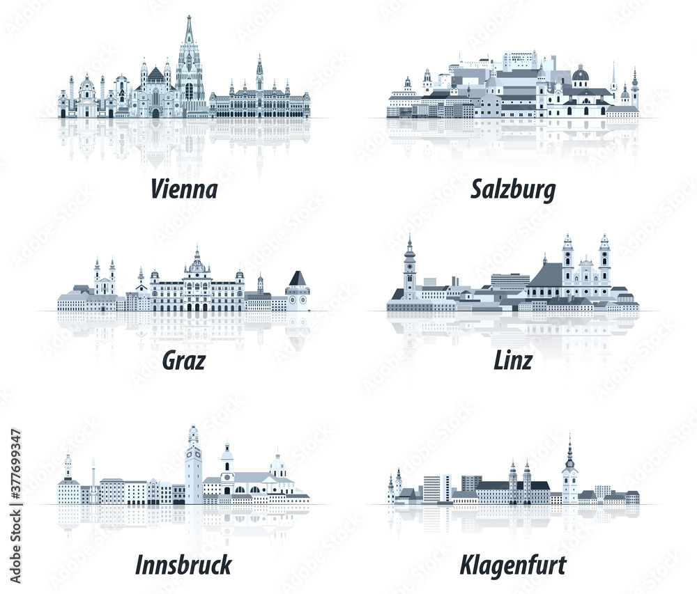 Naklejka premium Austrian cities abstract cityscapes icons in tints of blue color palette