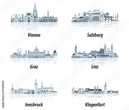 Austrian cities abstract cityscapes icons in tints of blue color palette