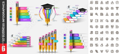 Bundle 3d infographics vector design template with set business icons pixel perfect. Can be used for steps, education processes, workflow, diagram, flowchart concept, education icons, info graphics.