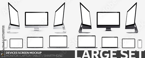 Devices screen mockup. Monitor, Laptop pro and thin, tablet, smartphone with blank screen for you design. Large set in silver and black color. Realistic vector illustration EPS10