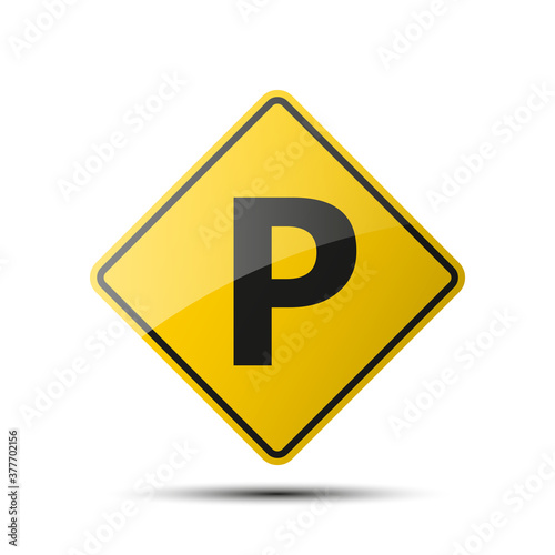 yellow diamond road sign with a black border and an image P on white background. Illustration © volonoff