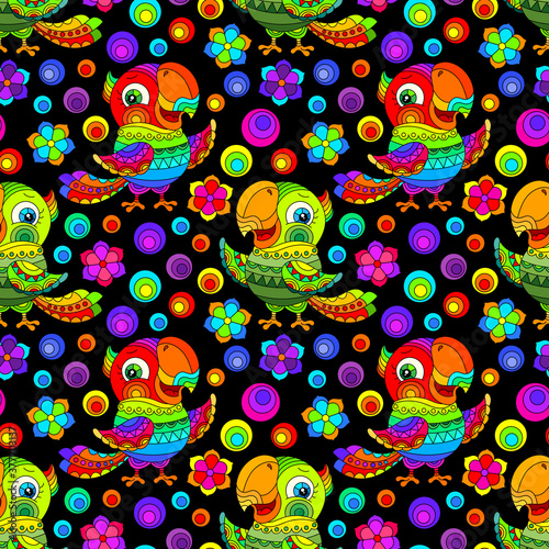 Seamless pattern with bright parakeets and flowers in stained glass style on a dark