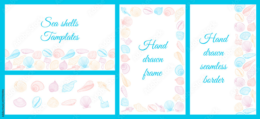 A set of templates for design on the sea, summer theme. Horizontal and vertical frames made of seashells.Seamless border.A collection of hand-drawn elements isolated on white. The sketch style. Vector