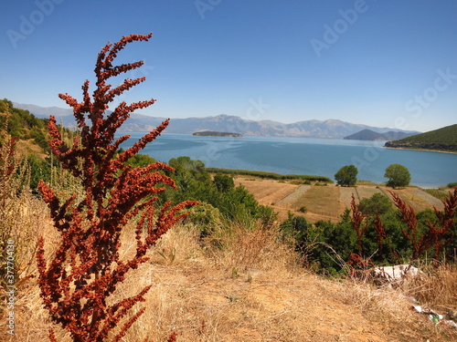 View on lake prespa from above, close to city Korce, Albania
