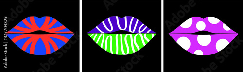Set of unusial lips makeup. Three women with colorful lipstick on black background. Ornament for celebration or photo. Beauty glamour closeup cosmetics. Mouth vector illustration. 
