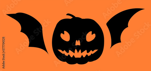 Halloween black winged pumpkin on orange backround. Symbol of All Saint's Day, October's holiday. Flat vector illustration. 