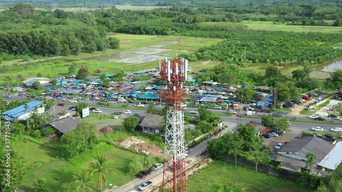 Footage 4k B-roll Aerial drone view of tower antennas Telecommunication cell phone, radio transmitters of cellular 5g 4g mobile and smartphones