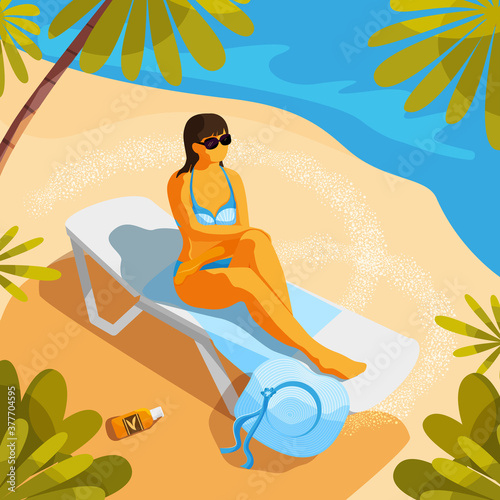 Summer holiday. A girl in a blue swimsuit is sunbathing on the beach, on a sun lounger under palm trees. Vector illustration.