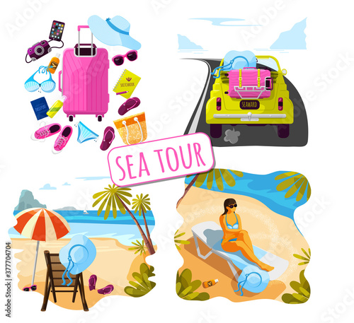 Travel and recreation at sea. Set of vector illustrations in cartoon style for postcards, posters, postcards.