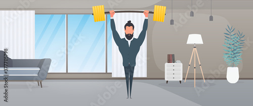 Businessman raises the barbell with gold coins. A man in a suit with a barbell. The concept of a successful business and revenue growth.  Vector.