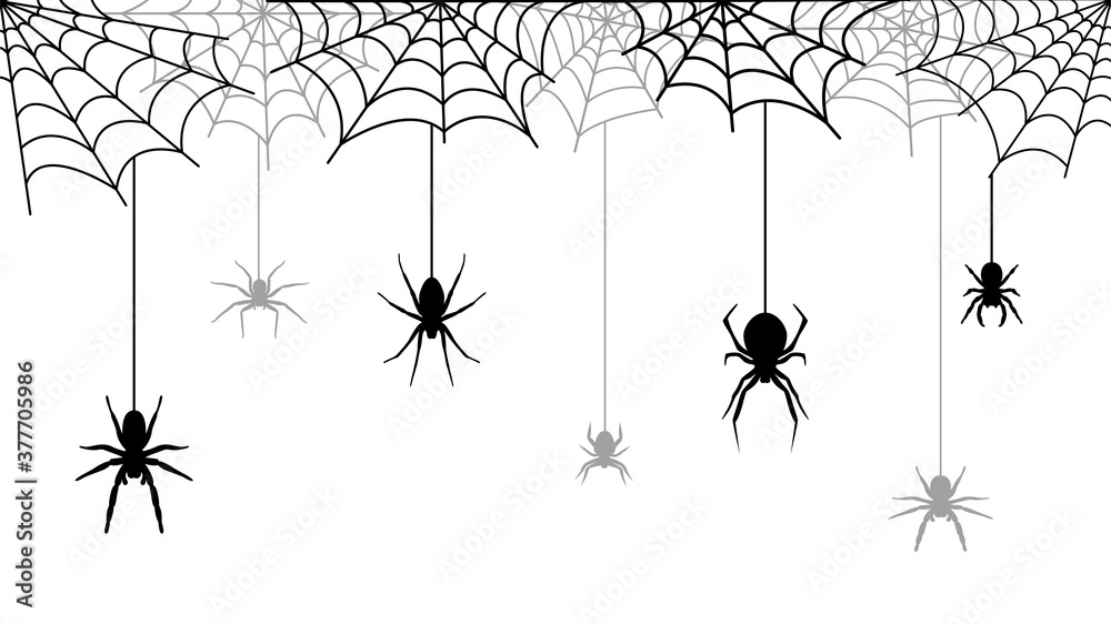 Spooky Halloween background with spider web. Creepy vector illustration  with hanging spiders. Stock Vector | Adobe Stock