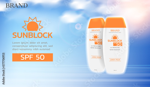 Set of sunblock products on water surface with sunlight