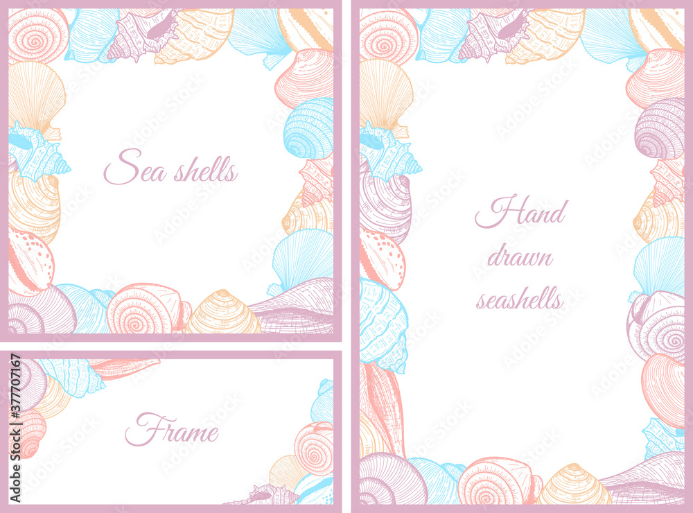 A set of templates, frames for design on the sea, summer theme. Square, horizontal and vertical frames made of seashells. Elements are drawn by hand.Sketch style.White background. Vector illustration