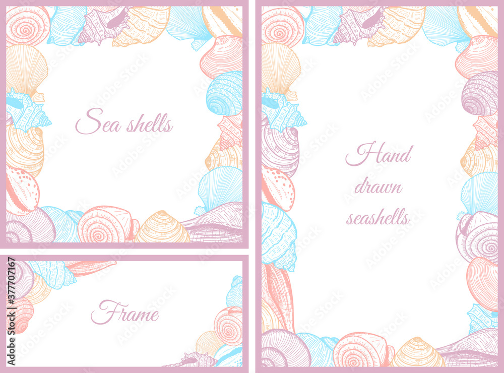 A set of templates, frames for design on the sea, summer theme. Square, horizontal and vertical frames made of seashells. Elements are drawn by hand.Sketch style.White background. Vector illustration A set of templates, frames for design on the sea, summer theme. Square, horizontal and vertical frames made of seashells. Elements are drawn by hand.Sketch style.White background. Vector illustration