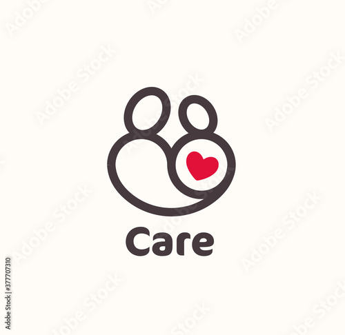 Mother and baby with red heart logo concept in modern lineart style. Simple symbol for child and mother care house, hospital and clinic. Vecor emblem.