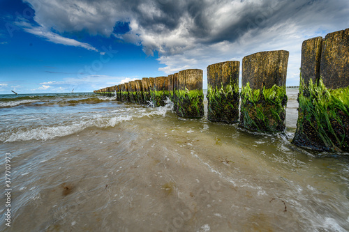 Holzpfähle am Strand mit beeindruckenden Wolken aus der Froschperspektive