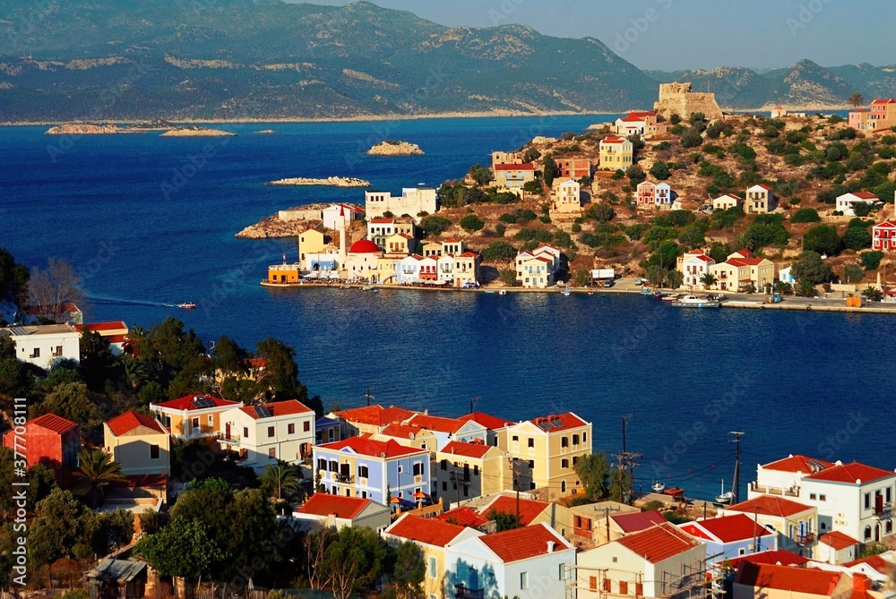 Kastellorizo, one of Dodecanese islands in southeastern Greece, view of the main town.