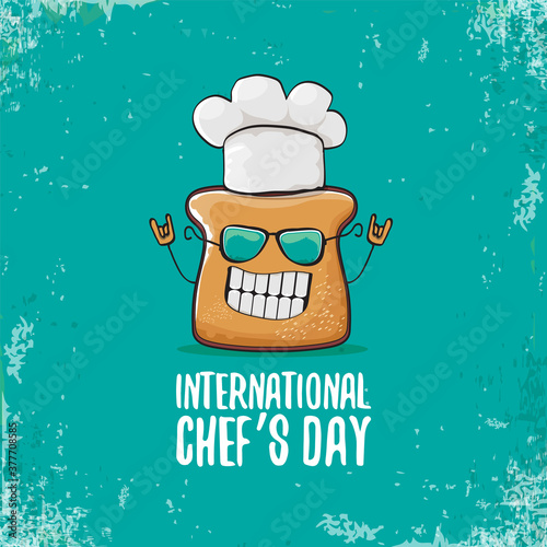 International chef day greeting card or banner with vector funny cartoon chef bread with cheaf hat isolated on azure background. photo