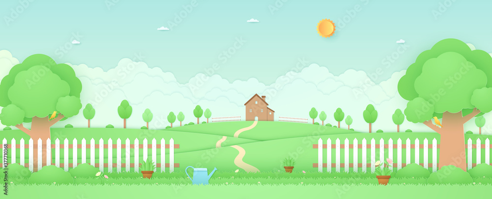Spring Time, landscape, house on the hill, garden with trees, plant pots, beautiful flowers, watering can on grass and fence, bird on the branch, paper art style