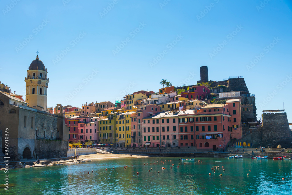Vernazza, La Spezia / Italy - March 29 2019: Seaside town of Vernazza, part of the Cinque Terre string of town attractions