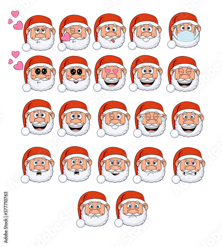cartoon christmas santa claus big set of emotions. isolated emoji on white background. twenty two pieces vector illustration