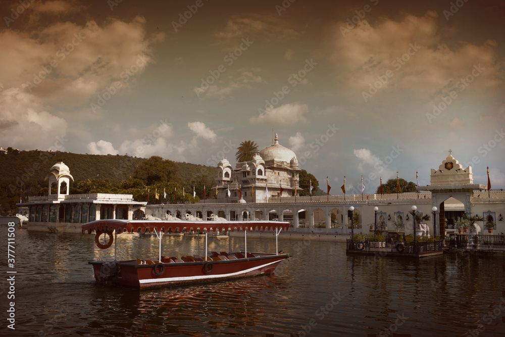 Boat Going on Jag Mandir is a Palace Built on An Island in The Lake Pichola. The Palace is located in Udaipur City in The Indian State of Rajasthan