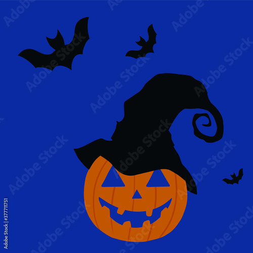 scary smiling orange pumpkin with witch's had and bats on blue background