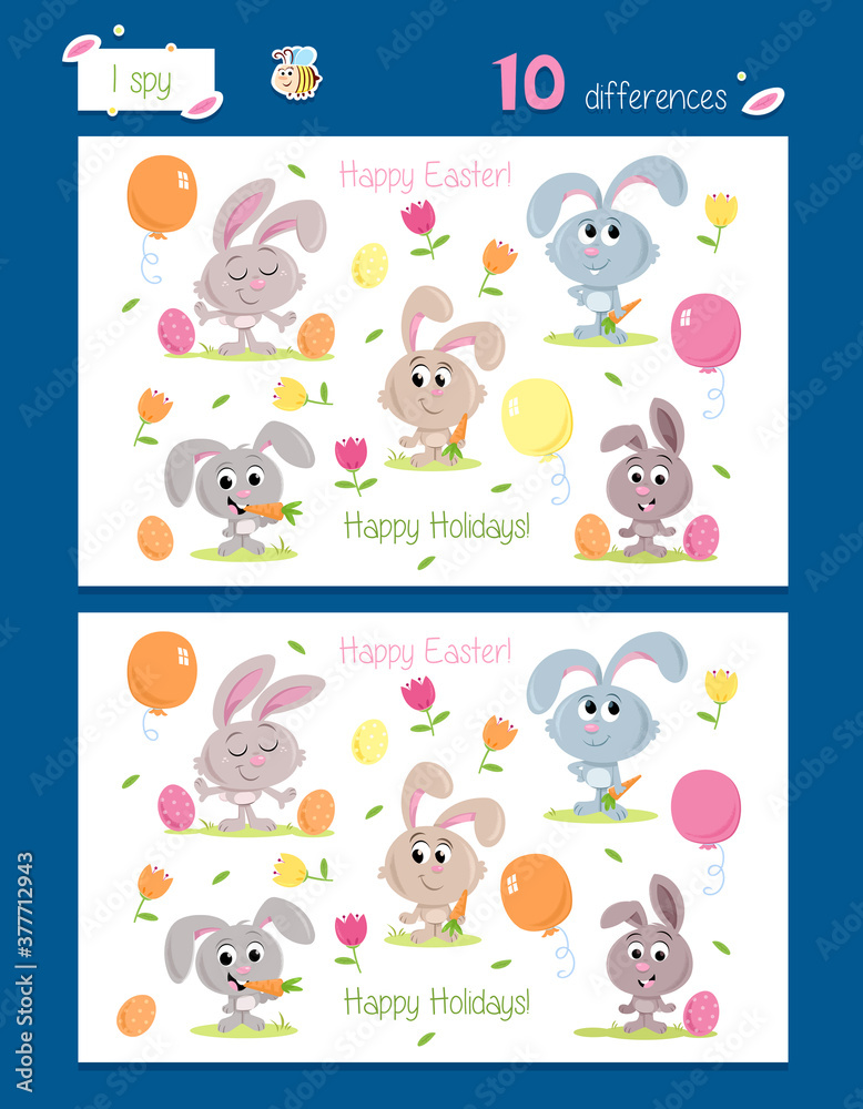 Fototapeta premium Find 10 differences - I spy game suitable for preschool and school children - Cute little easter bunnies and easter eggs