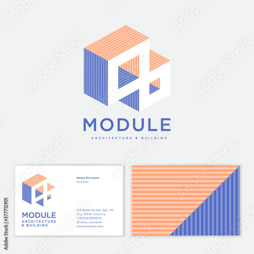 Module logo. 3D illusion. Architecture and building bureau logo. Modules and letters. Business card.